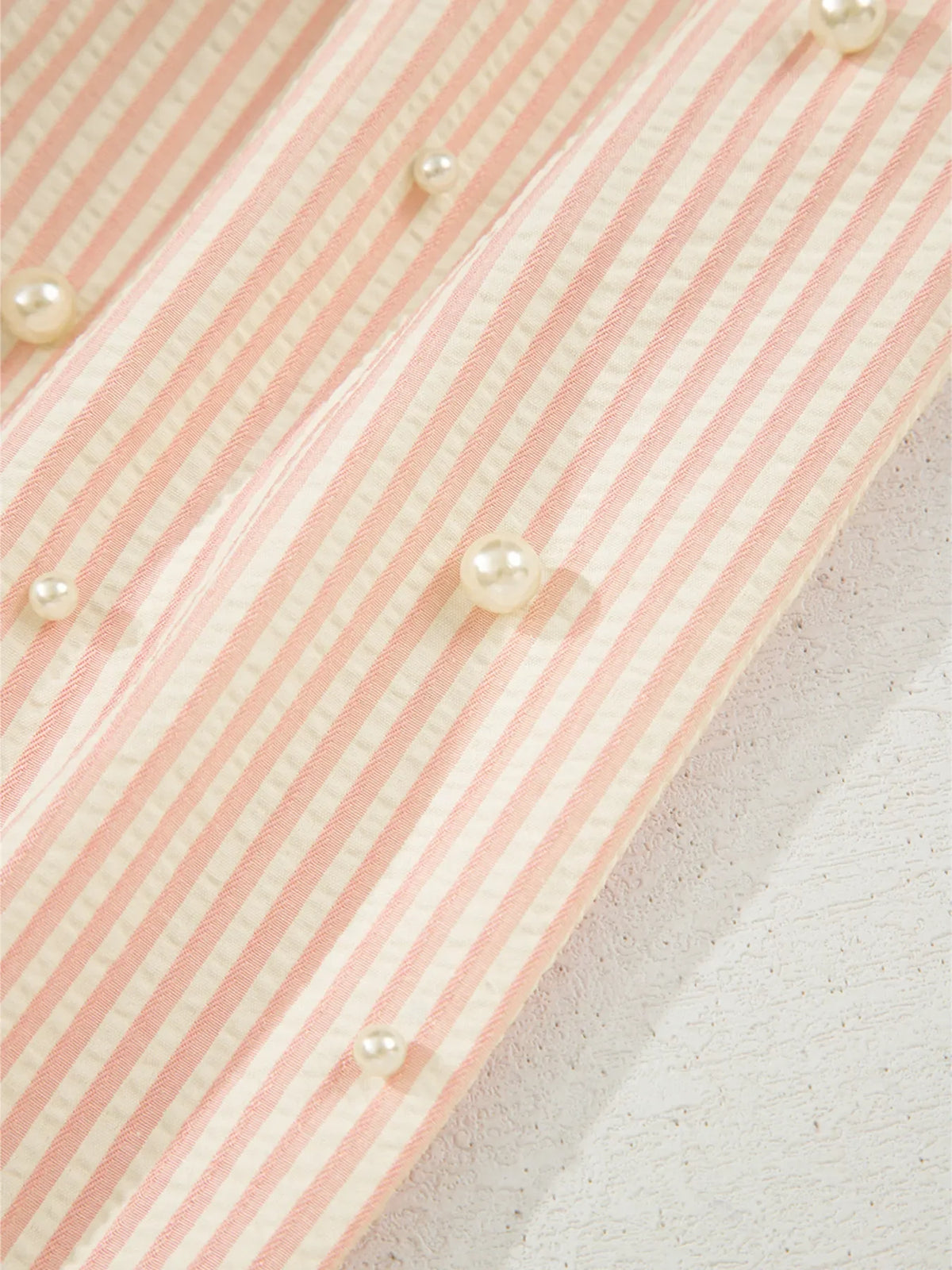 Stripe Bow Knot Cuff Pearl Embellished Puff Sleeve V Neck Blouse