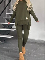 Full Size Slit Round Neck Top and Pants Set Plus Size
