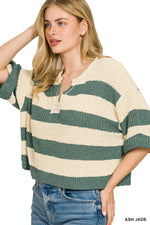 Zenana Split Neck Stripe Sweater