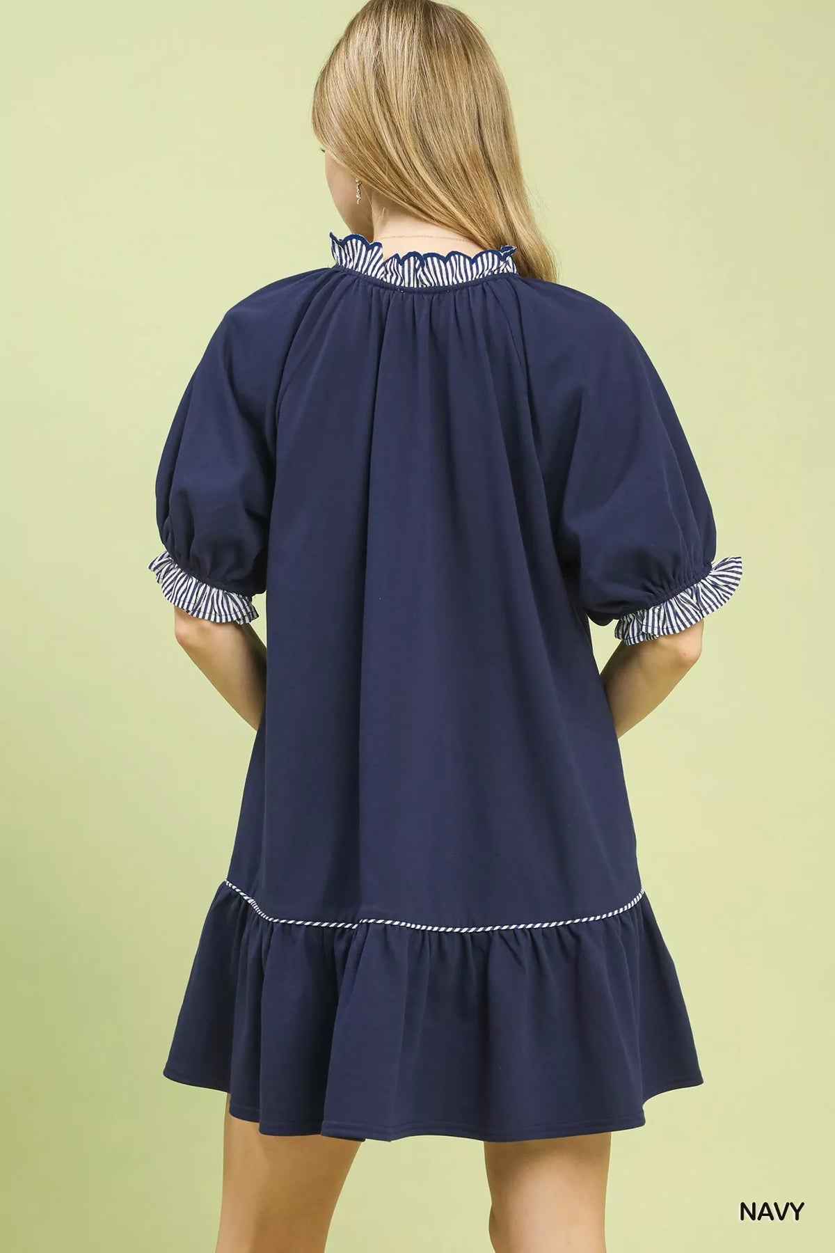 Umgee French Terry Mini Dress with Ruffled Striped Trim