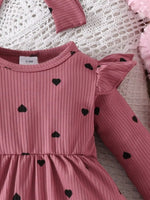 Children's Heart Print Ruffle Trim Bodysuit Dress with Headband