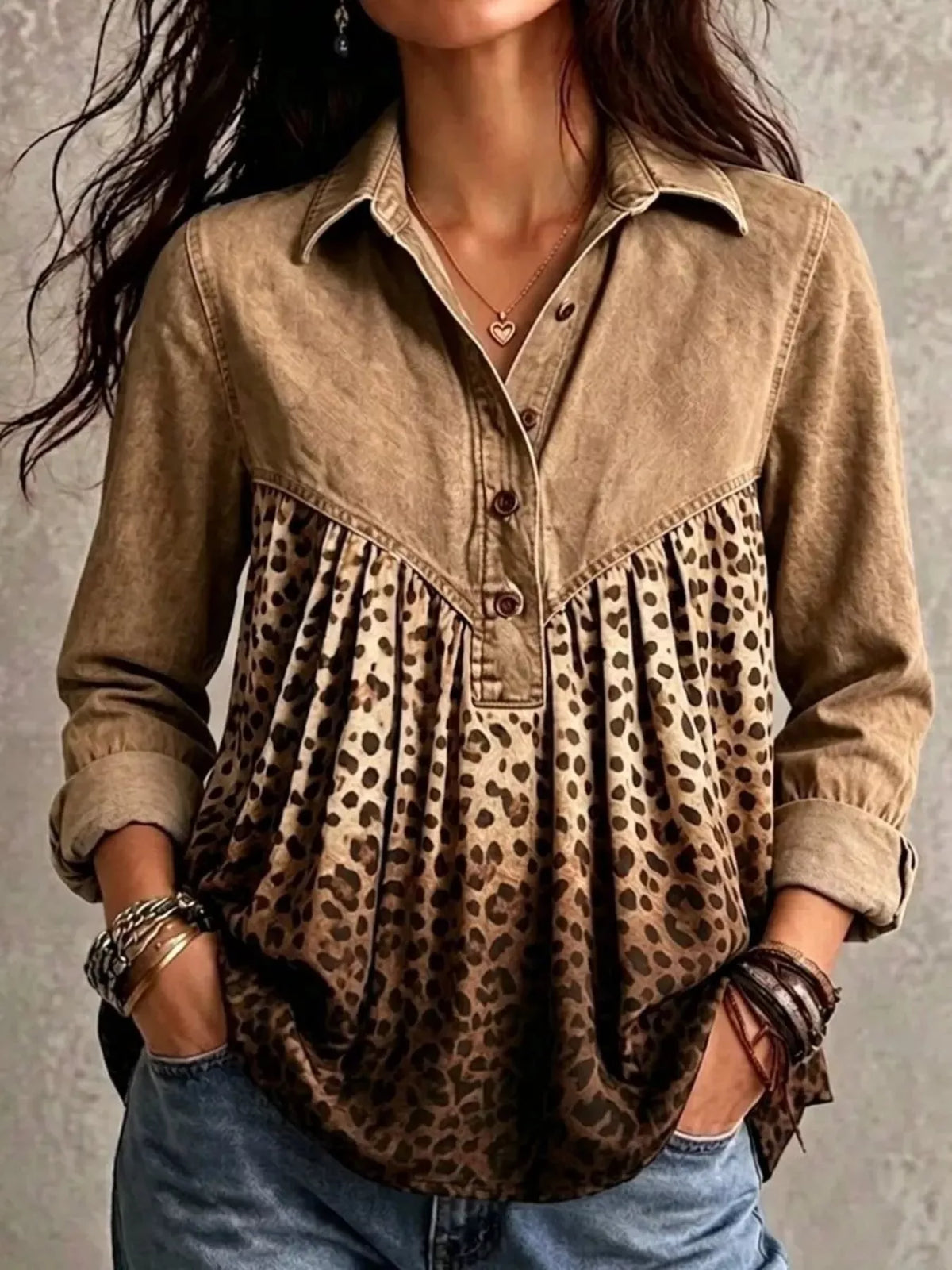Full Size Leopard Button Detail Blouse Plus Size