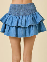 Layered Ruffle Smocked Waist Denim Skirt