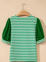 Striped Puff Sleeve V-Neck Blouse