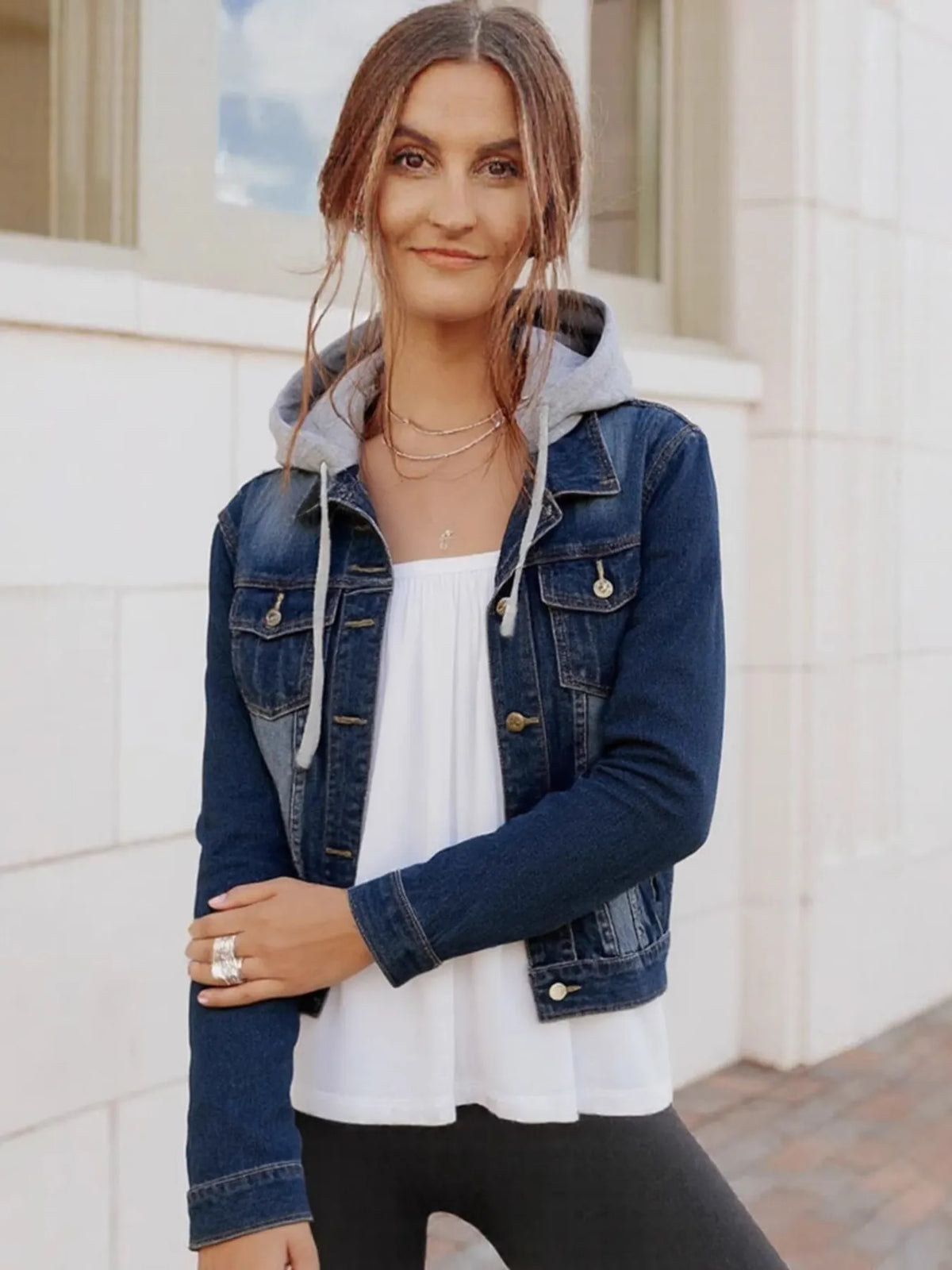 Full Size Button Up Drawstring Hooded Denim Jacket Plus Size