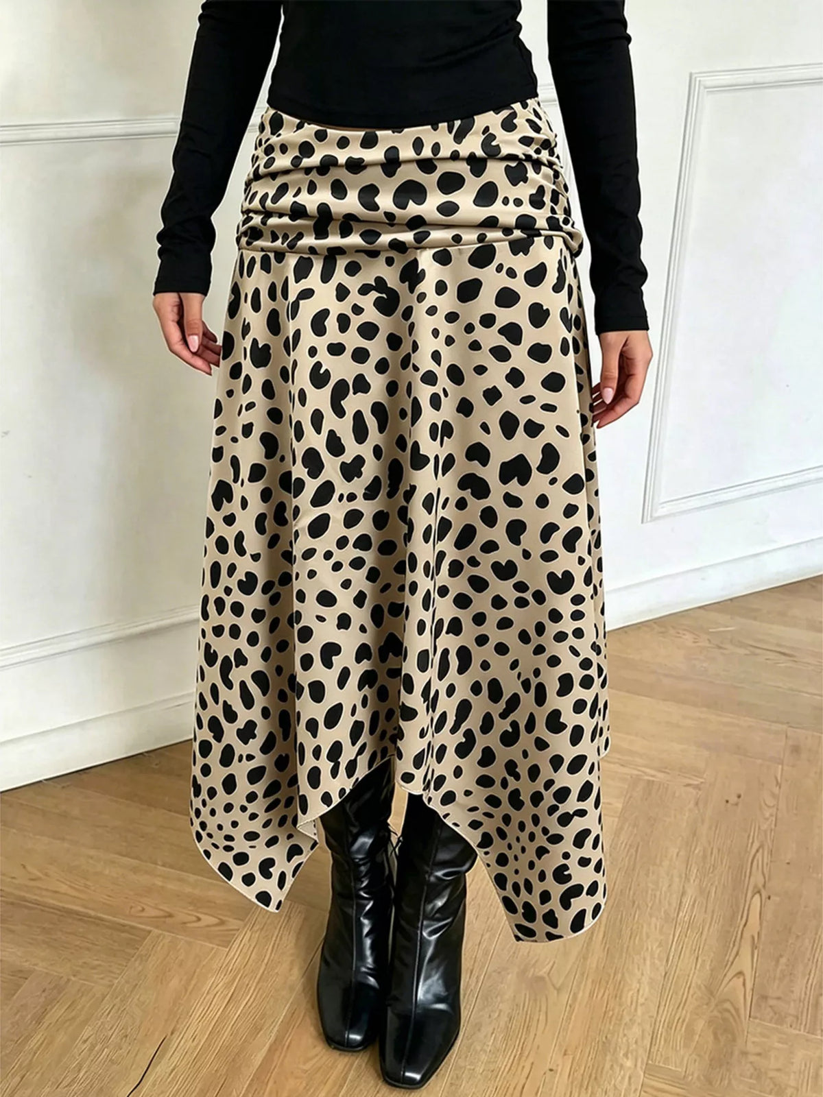 Leopard Print Asymmetrical Hem Midi Skirt