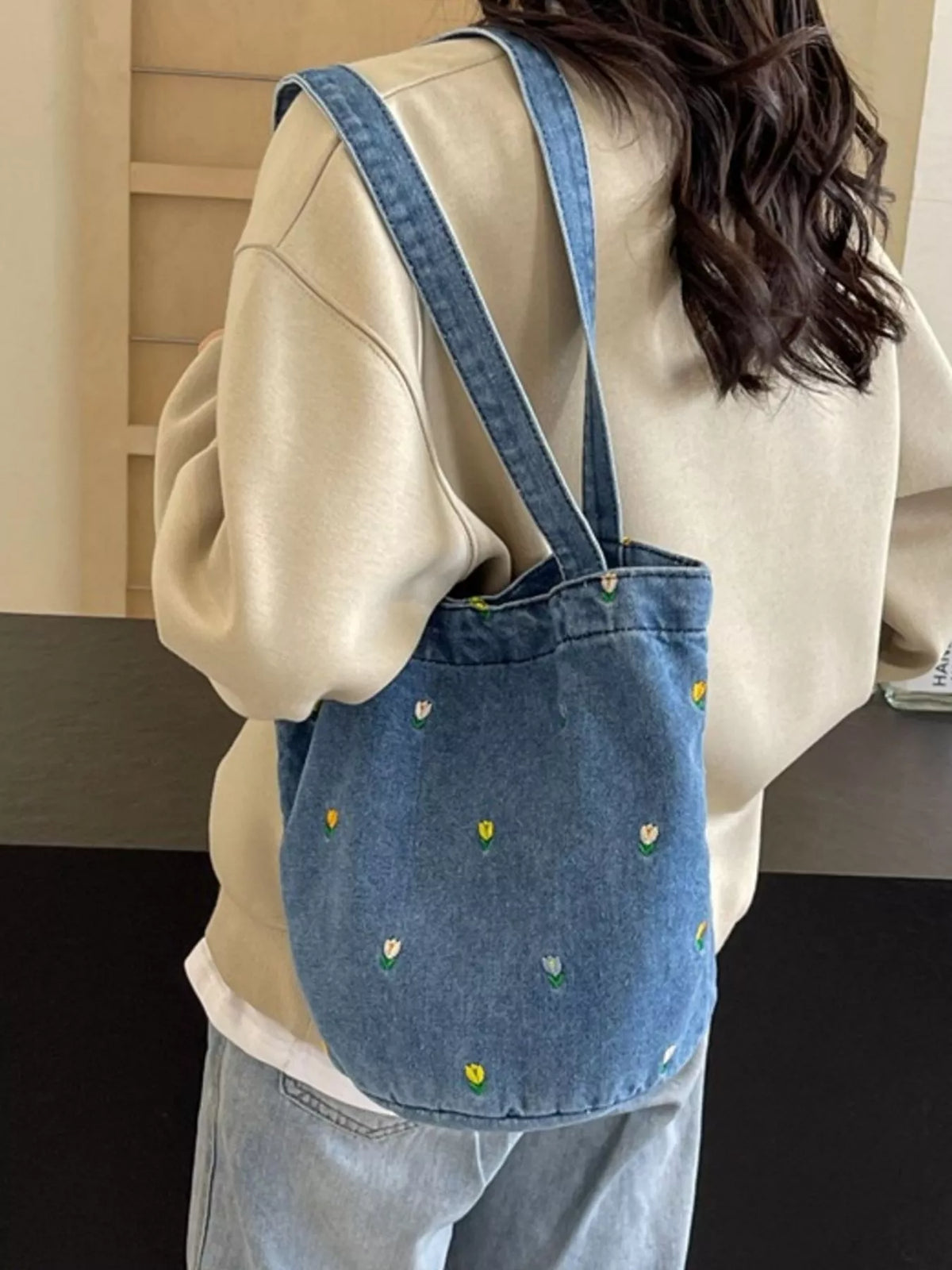Floral Embroidered Denim Handbag