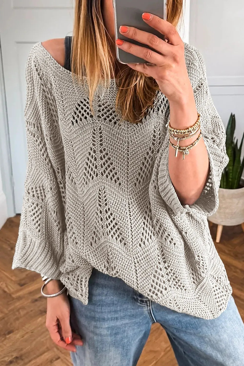 Openwork Round Neck Knit Top