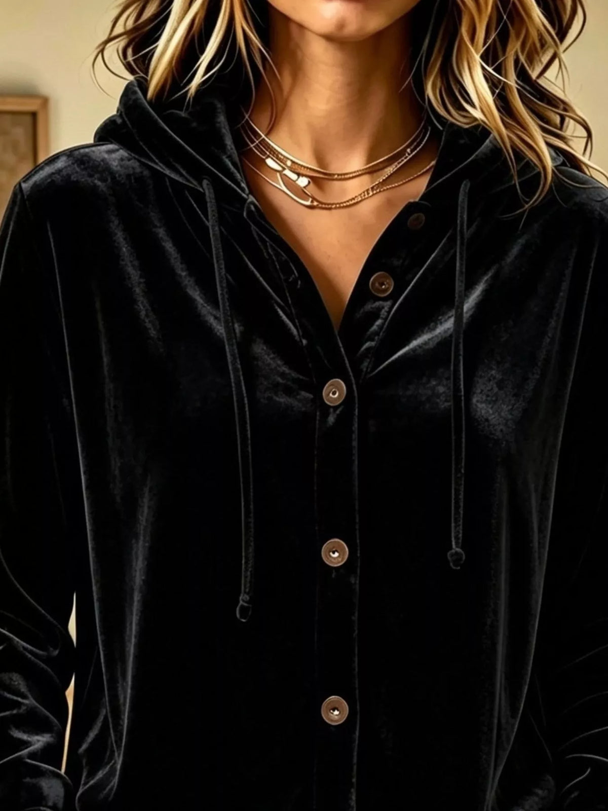 Full Size Velvet Button-Down Hooded Top Plus Size