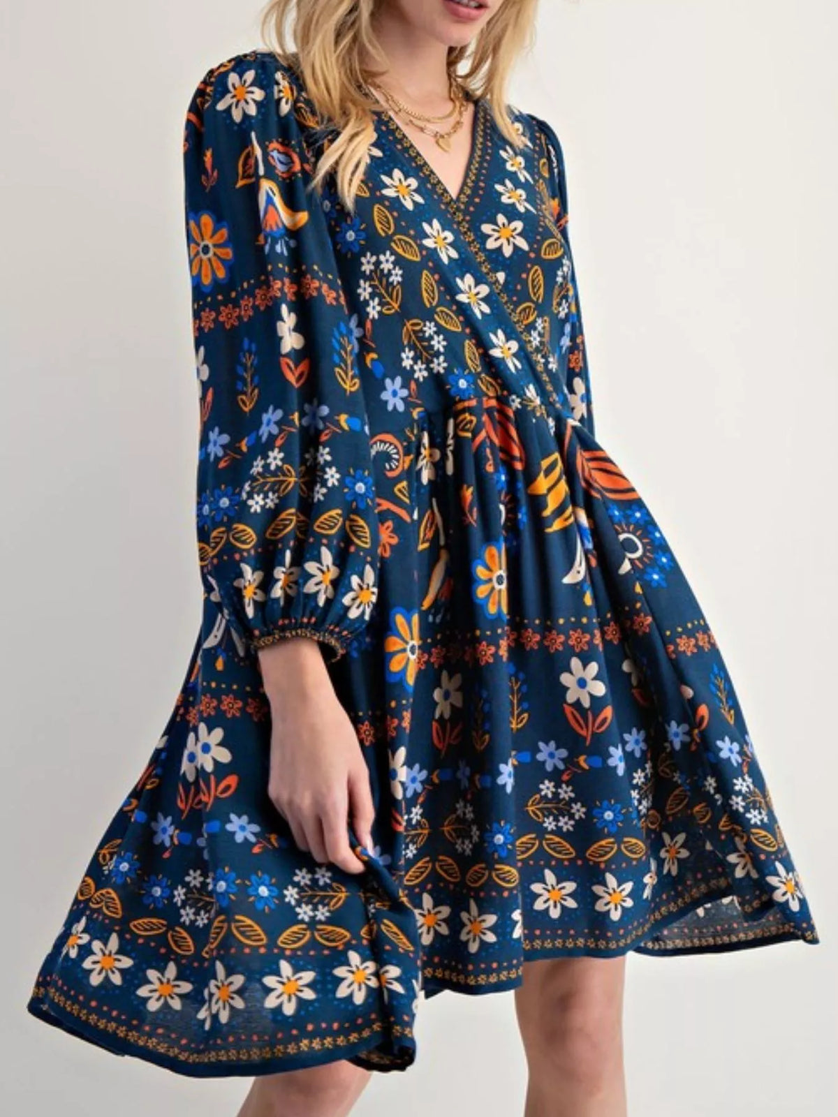 Bohemian Floral Print Long Sleeve Mini Dress