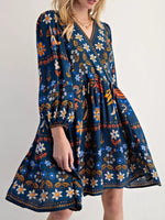 Bohemian Floral Print Long Sleeve Mini Dress