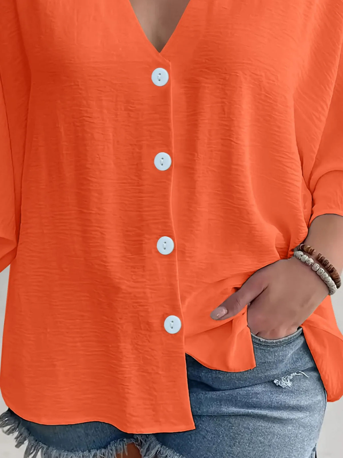 Full Size Casual V-Neck Button Down Relaxed Fit Blouse Plus Size