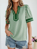 Stripe Collared Split Neck Short Bubble Sleeve Blouse