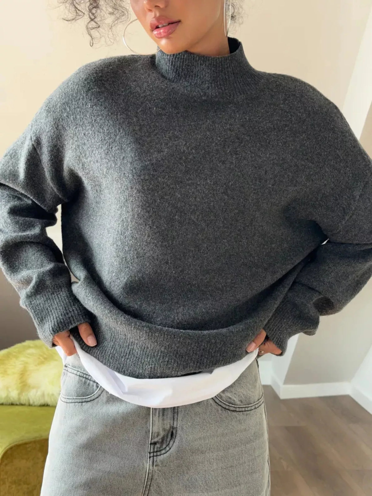 Mock Neck Dropped Shoulder Sweater