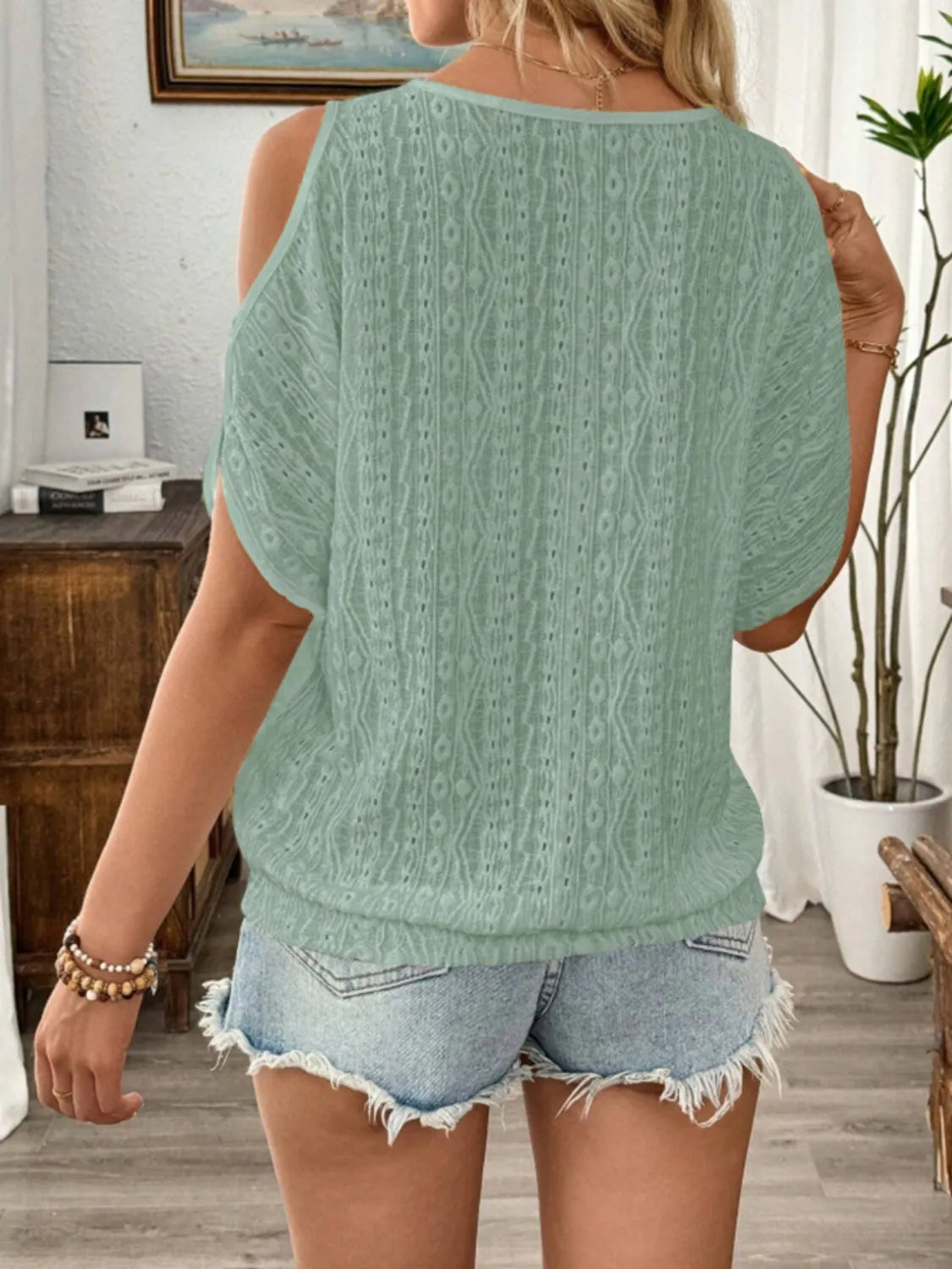 Eyelet Cold Shoulder Round Neck Blouse