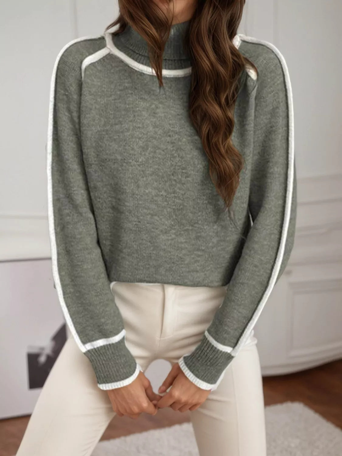 Full Size Turtleneck Contrast Trim Sweater Plus Size
