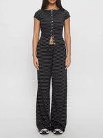 Striped Button-Down Top and Wide-Leg Pants Set