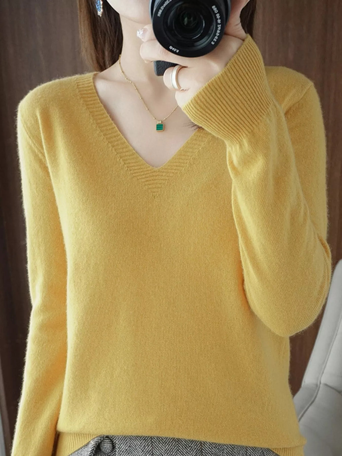 V-Neck Solid Color Sweater