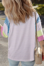 Stripe Floral Color Block Raw Edge Patchwork Top