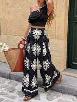 One-Shoulder Ruffled Crop Top and Wide-Leg Printed Pants Set
