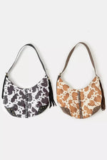 Fame Cow Print Hobo Shoulder Bag with Studded Details