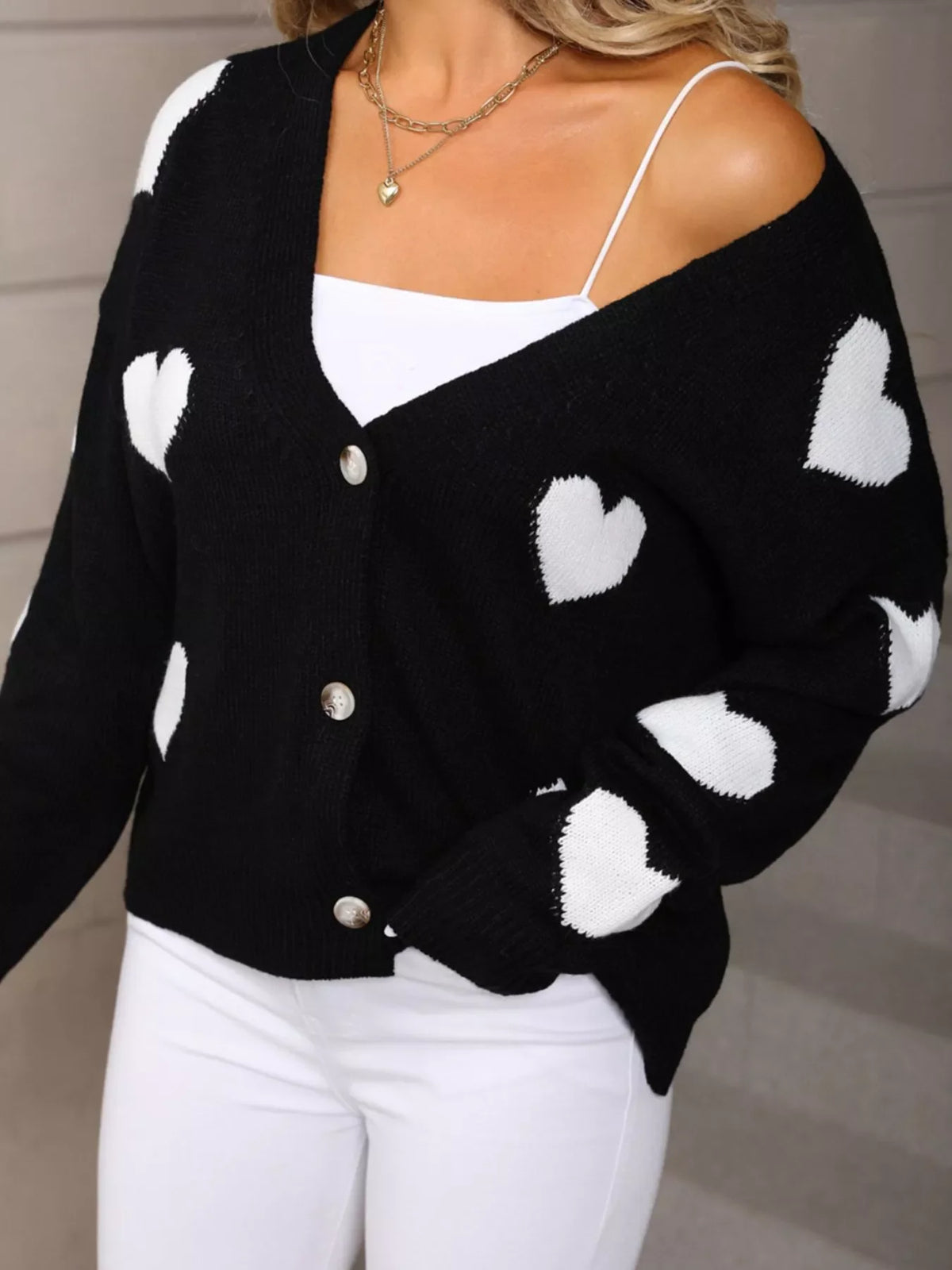 Valentine's Day Heart Pattern Button-Up Knit Cardigan