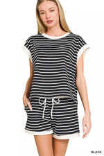 Zenana Stripe Contrast Trim Top & Shorts Set