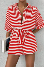 Striped Collared Neck Tie Waist Romper