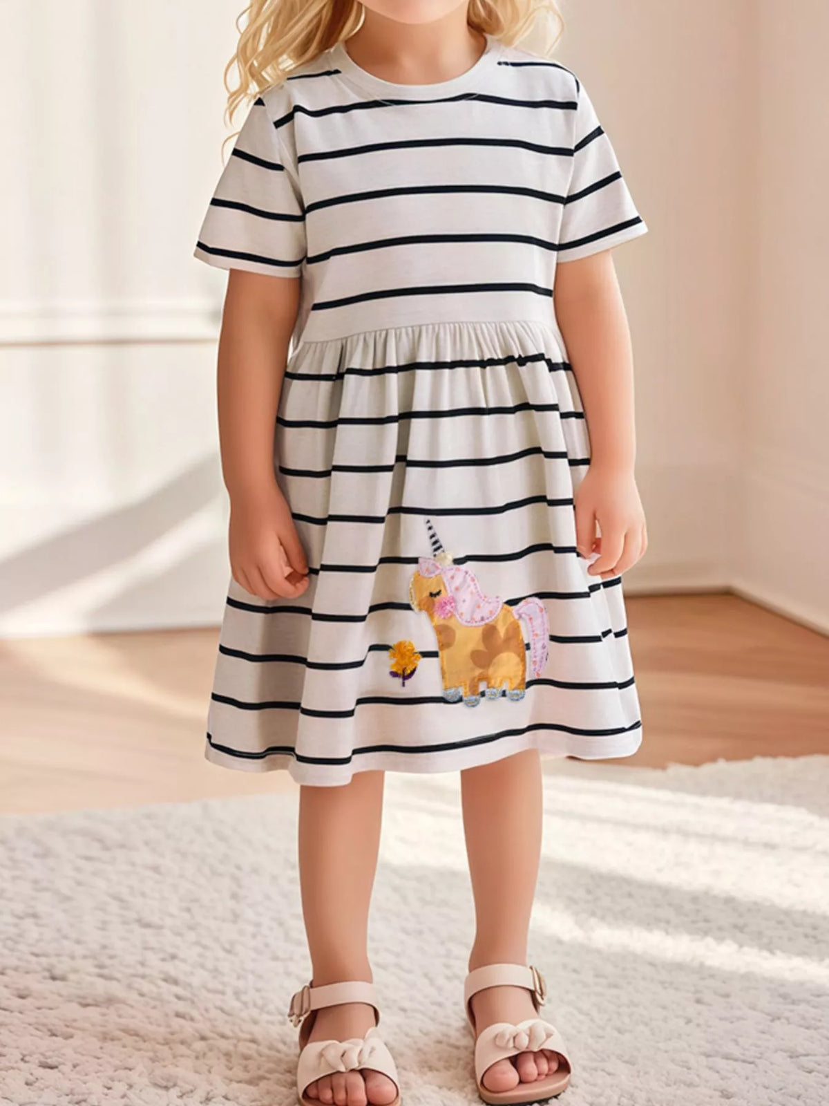 Children's Striped Unicorn Short Sleeve Casual Dress