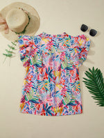 Tropical Floral Print Frilly Notched Neck Ruffled Short Sleeve Blouse