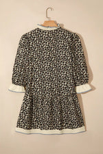 Leopard Print Striped Color Block Trim V Neck Bracelet Sleeve Mini Dress