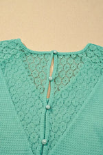 Lace Splicing Button Cutout V Neck Waffle Knit Blouse