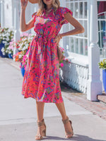 Flutter Sleeve Belted Floral Dress