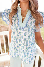 Floral Print Notched Ruffled Sleeve Blouse
