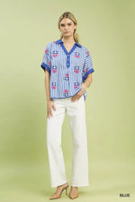 Umgee Stripe Embroidered Button-Front Boho Blouse