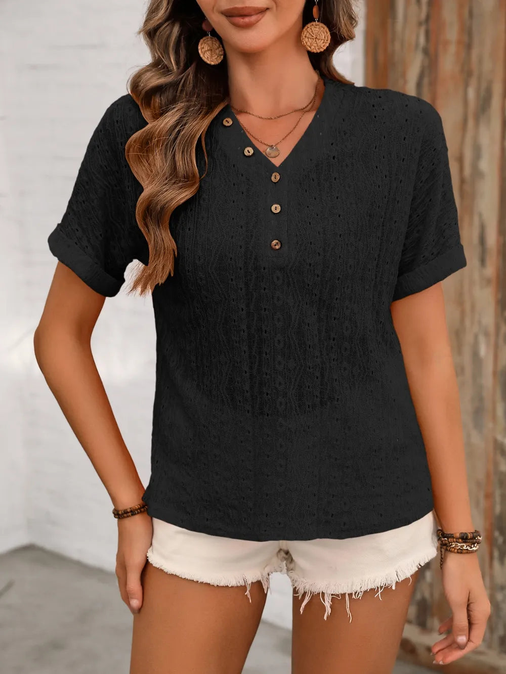 Ivy Lane Eyelet V-Neck Short Sleeve Top
