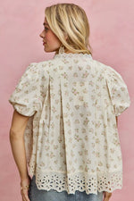 SO ME Floral Print Lace Trim Short Sleeves Blouse