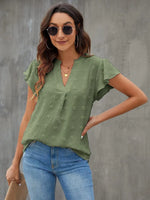 Swiss Dot Notched Cap Sleeve Blouse