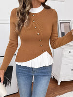 Decor Button Contrast Hem Knit Top