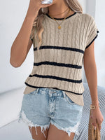 Cable-Knit Striped Round Neck Knit Top