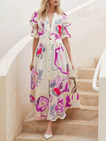 Full Size Abstract Print Puff Sleeve Midi Dress Plus Size
