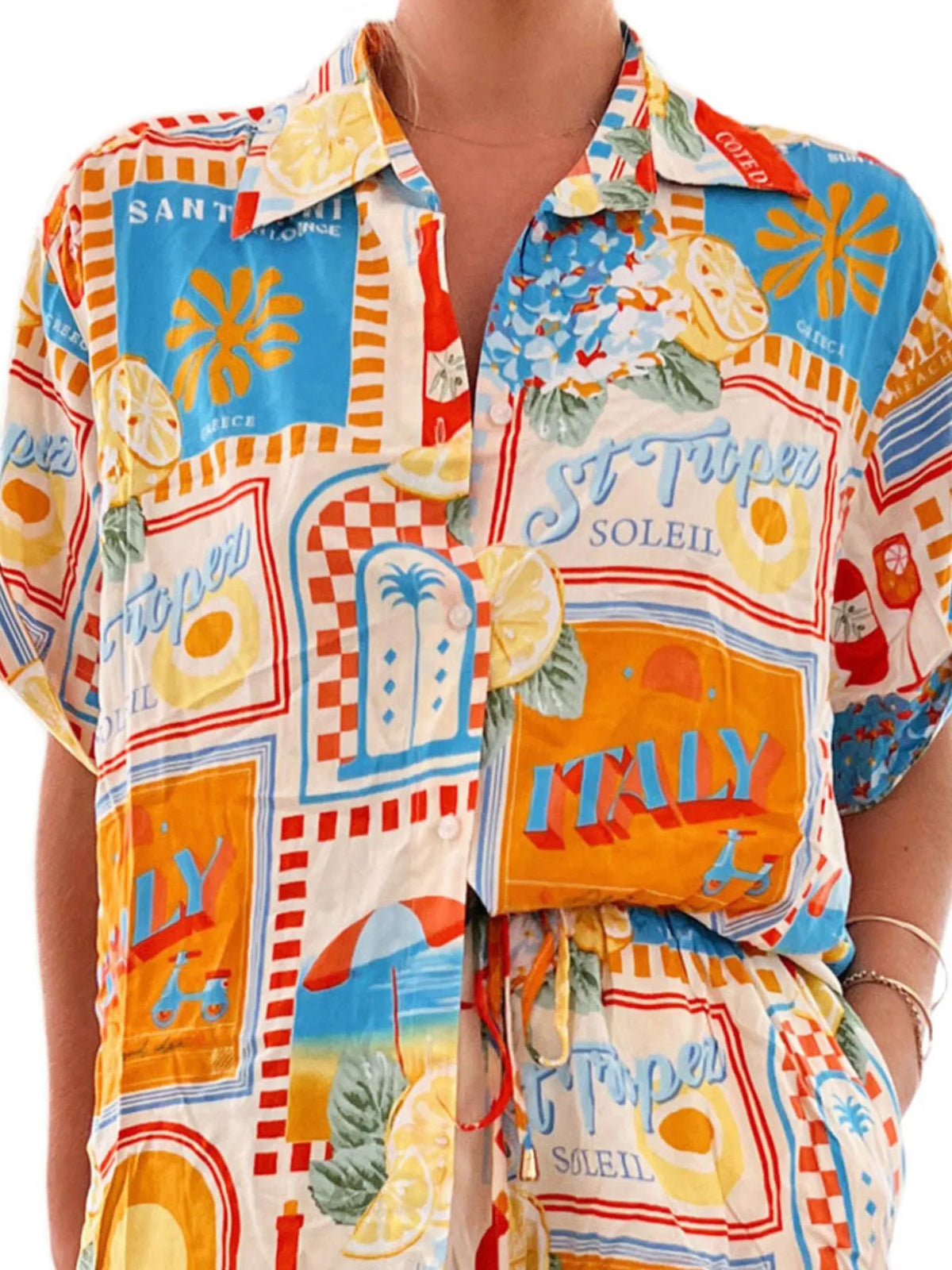 Printed Button Up Shirt and Shorts Set
