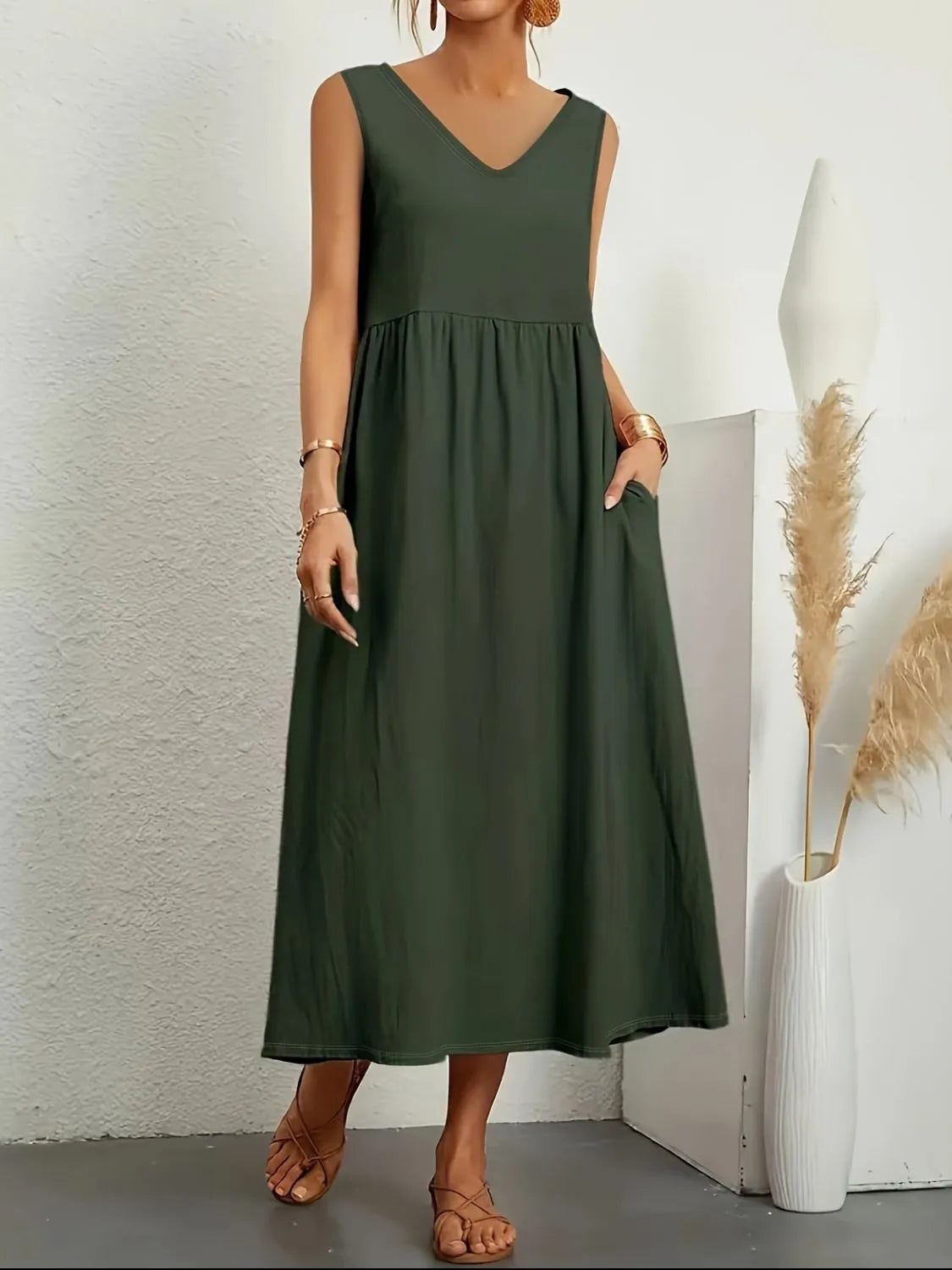 Full Size Pocketed V-Neck Sleeveless Midi Dress Plus Size
