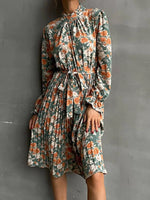 Floral Print Long Sleeve Pleated Midi Dress
