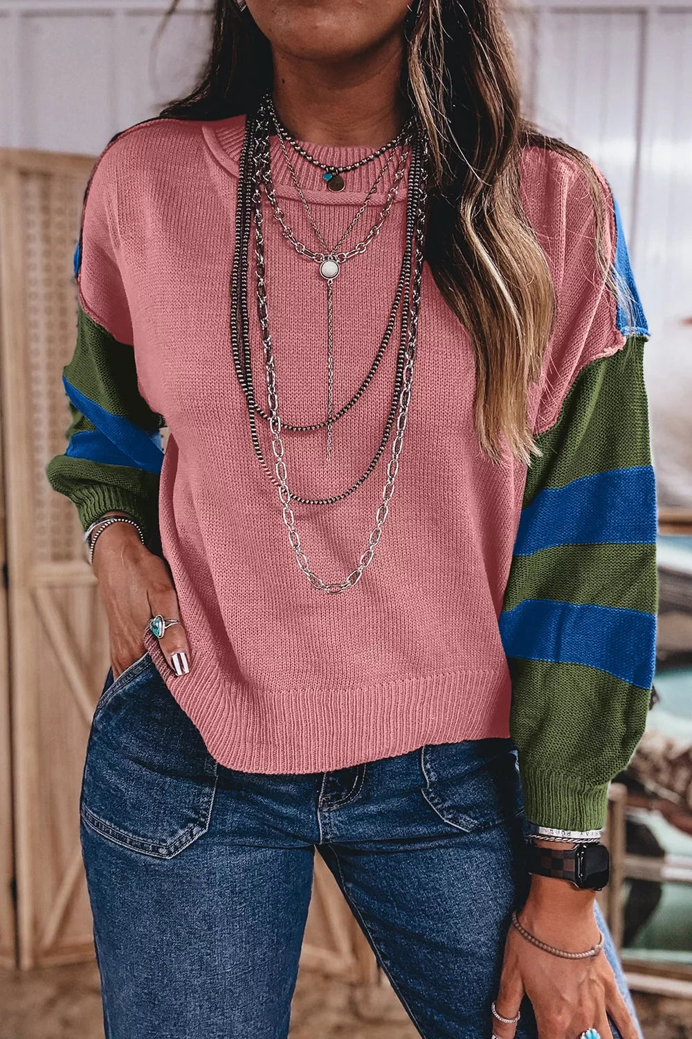 Multicolour Western Colorblock Patchwork Striped Long Sleeve Sweater