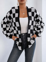 Checkered Open Front Long Sleeve Cardigan