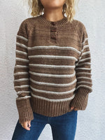 Striped Button Detail Long Sleeve Sweater
