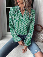 Printed Notched Balloon Sleeve Blouse