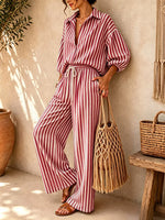 Striped Collared Shirt and Wide-Leg Drawstring Pants Set