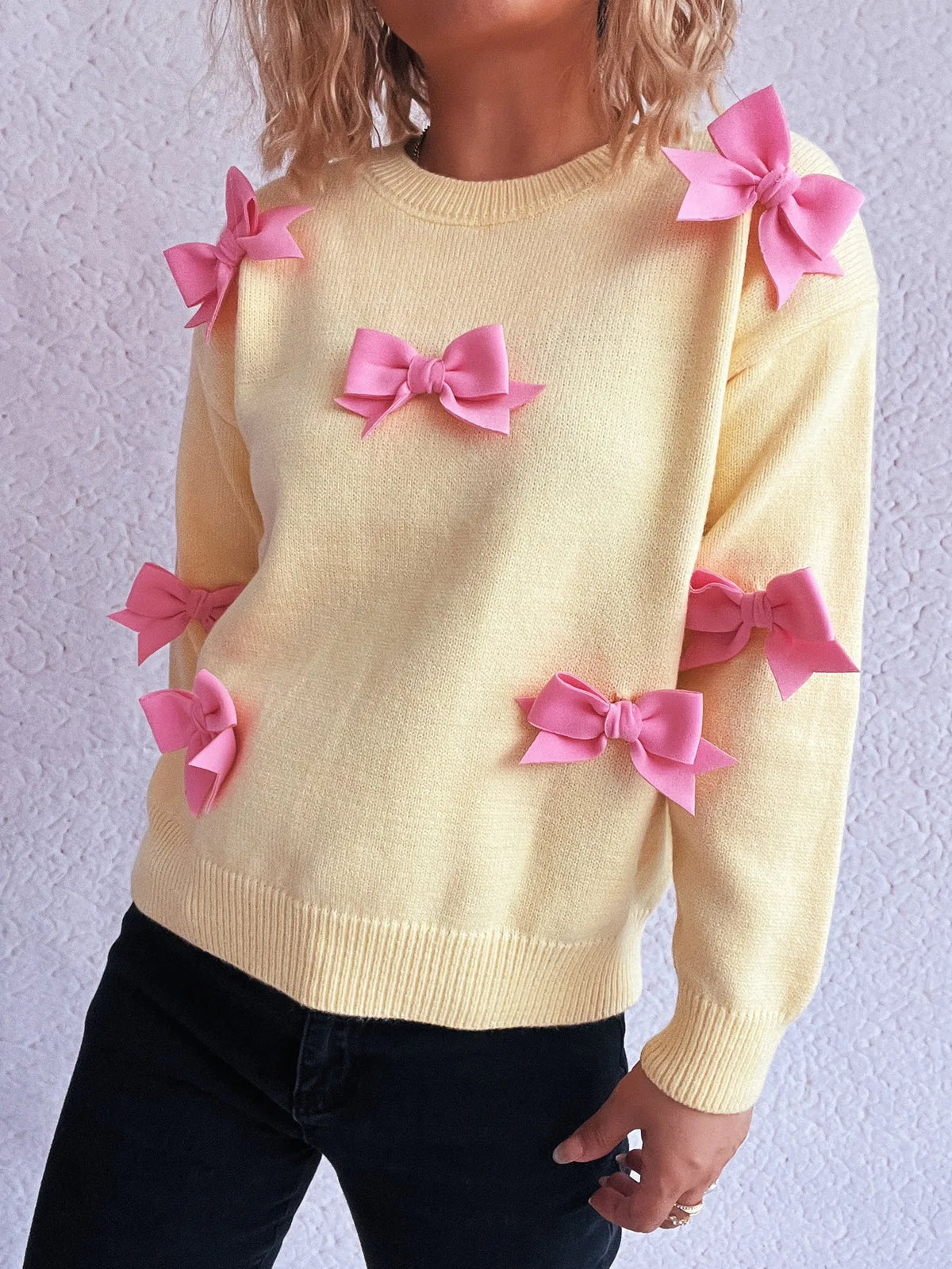 Bow Round Neck Long Sleeve Sweater